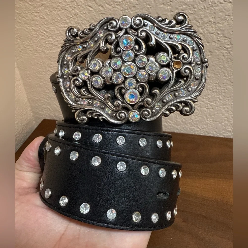 Tony‎ Lama Rhinestone Buckle Top Quality Black Leather Studded Belt in size 32